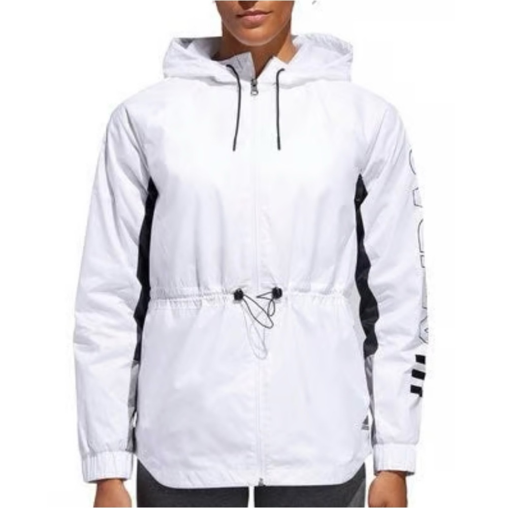 Adidas Women's Outline Windbreaker Jacket Hoodie White Black Accents Medium NWT